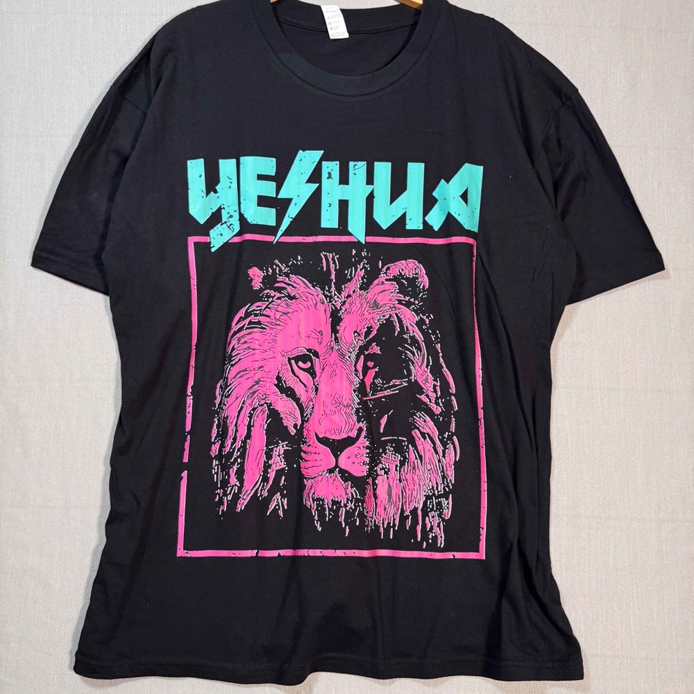 Yeshua Lion Graphic Tee Black XL Streetwear Neon Pink Teal Cotton Shirt